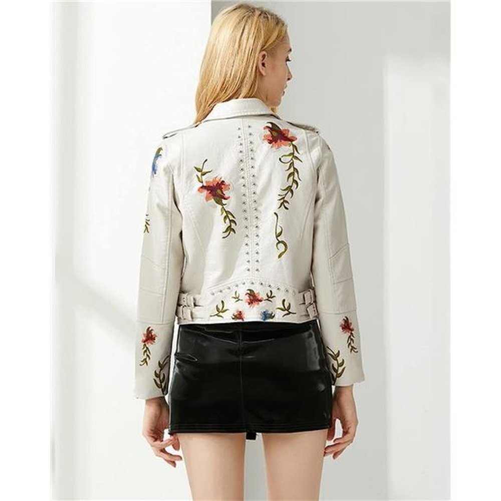 Off White Floral Embroidered Studded Faux Leather Jacket Moto Bomber Jacket Coat - Picture 4 of 6